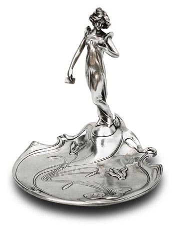 Jewelry stand tray - lady with letter and cyclamens, grey, Pewter / Britannia Metal, cm 18,5x17,5x h 18,5