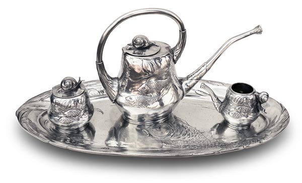 Tea-pot - fish and snail, grey, Pewter / Britannia Metal, cm 14 x 30 x h 20,5