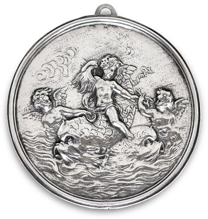 Medaljong - Dolphin og engel, grå, Tinn / Britannia Metal, cm 10,5