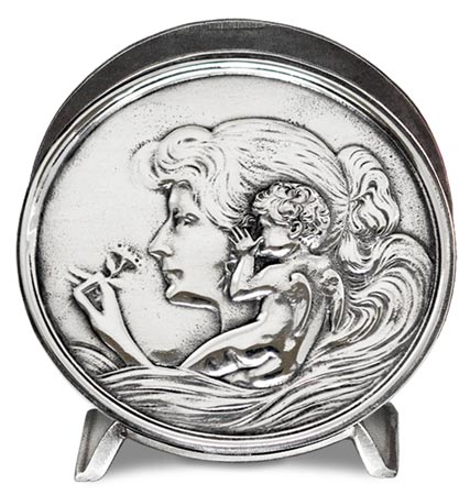 Serviette holder - maiden and putto, grey, Pewter / Britannia Metal, cm 10,5