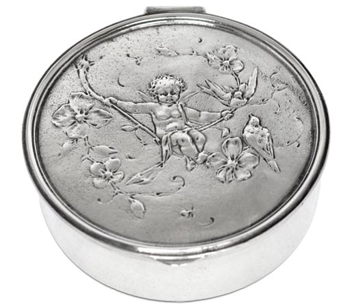 Round box - cherub on swing, grey, Pewter / Britannia Metal, cm Ø 10,5