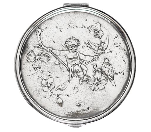 Round box - cherub on swing, grey, Pewter / Britannia Metal, cm Ø 10,5