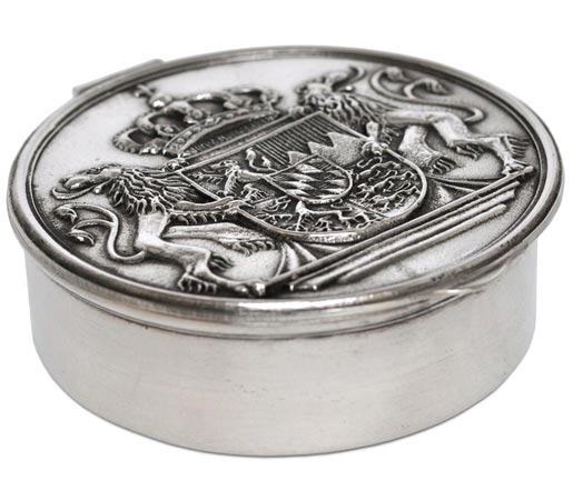 Caja - escudo de armas de Baviera, gris, Estaño / Britannia Metal, cm Ø 10,5