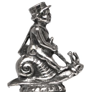 Postman on snail statuette, grey, Pewter, cm h 3,8