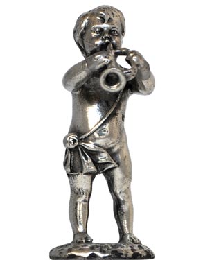 Cherub w/bugle, gri, Cositor, cm h 4,5