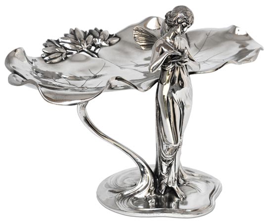 Jewelry stand tray - fairy hand holding and caressing a bird, grey, Pewter / Britannia Metal, cm 22 x 29 x h 21