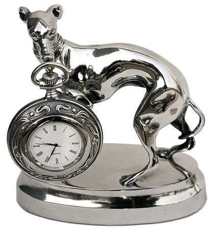 Pocket watch stand w/greyhound, grå, Tinn / Britannia Metal, cm 14x7x h 15,5