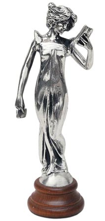 Kleine Statue - Frauenfigur mit Brief auf Holzbasis, Grau und rot, Zinn / Britannia Metal und Holz, cm 7,5x18
