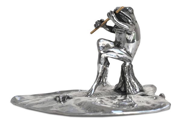 Rana con flauto su ninfea, grigio, Metallo (Peltro), cm 13 x 9,5 x h 7