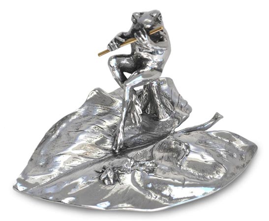 Frog with flute on waterlily, grey, Pewter, cm 13 x 9,5 x h 7