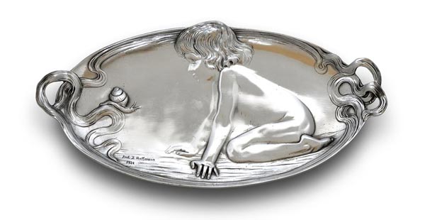 Vide poche - enfant et escargot, gris, étain / Britannia Metal, cm 28x13,5