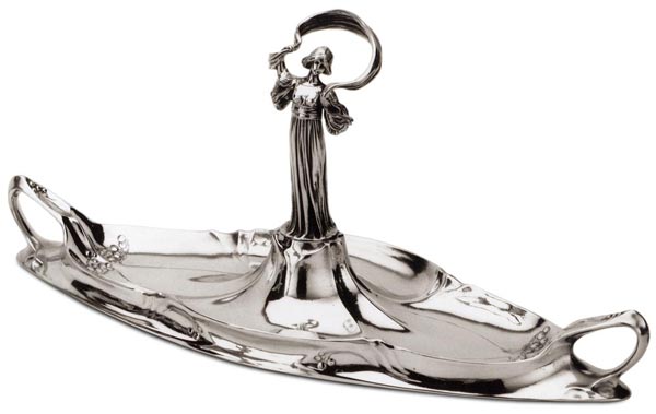 Coupe a fruits - Le Jeu d'Echarpe (Agathon Léonard), gris, étain / Britannia Metal, cm 48 x 17,5 x h 21,5