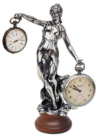 Support montre gousset - dame, gris et brun, étain / Britannia Metal et Bois, cm 9x19