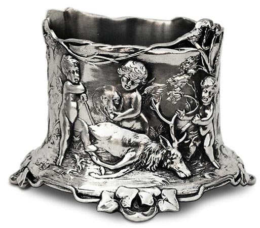 Dessous de bouteille - putti chasse avec chien, gris, étain / Britannia Metal, cm 13,5x10