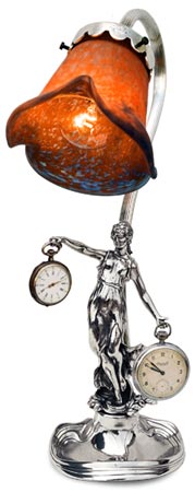Lamp - woman with ornament, grey and rosso, Pewter / Britannia Metal and Glass, cm 36