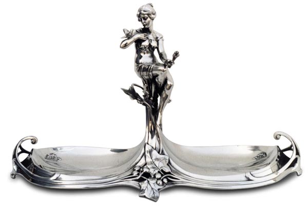 Coupe a fruits - femme avec des fleurs, gris, étain / Britannia Metal, cm 44,5 x 19 x h 26