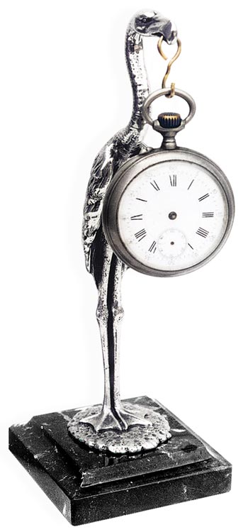 Cicogna portaorologio  su base marmo, grigio e nero, Metallo (Peltro) / Britannia Metal e Marmo, cm 21,5