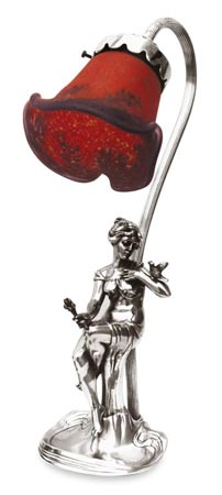 Electric lamp - sitting woman holding a bouquet of flowers, grey and rosso, Pewter / Britannia Metal and Glass, cm h 35,5