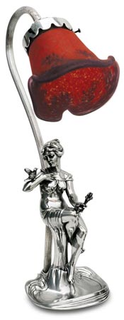Electric table lamp - sitting woman holding a bouquet of flowers, grey and rosso, Pewter / Britannia Metal and Glass, cm 35,5 left