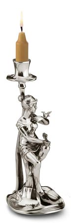 Candlestick - sitting woman holding a bouquet of flowers, grey, Pewter / Britannia Metal, cm h 24,5