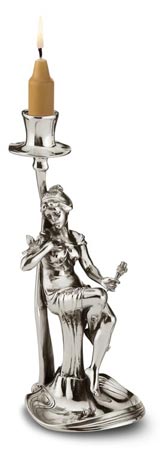 Candlestick - sitting woman holding a bouquet of flowers, grey, Pewter / Britannia Metal, cm h 24,5