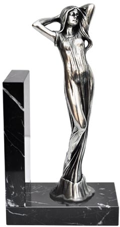 Sujetalibros - mujer con las manos en el pelo, gris y negro, Estaño / Britannia Metal y Mármol, cm 11,5 x 8 x 23 right