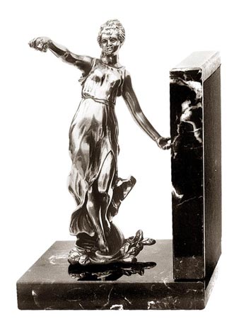 Buchstütze - Mädchenfigur mit Ornamentfries, Grau und schwarz, Zinn / Britannia Metal und Marmor, cm 11,5 x 8 x 18 right