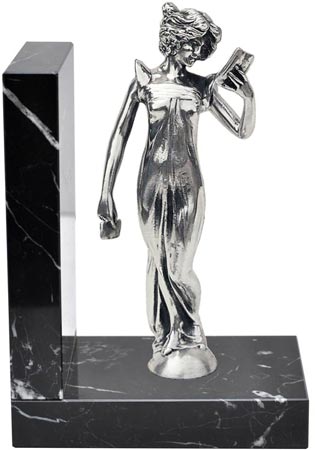 Fermalibri - donna con lettera, grigio e nero, Metallo (Peltro) / Britannia Metal e Marmo, cm 11,5 x 8 x 17,5 right