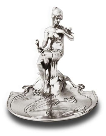 Jewelry holder tray - sitting lady and cyclamens, grey, Pewter / Britannia Metal, cm 17x17x h 19 right