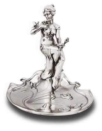 Jewelry holder tray - sitting lady and cyclamens, grey, Pewter / Britannia Metal, cm 17x17x h 19 left