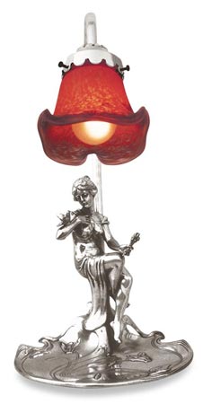 Electric lamp - sitting woman holding a bouquet of flowers, grey and rosso, Pewter / Britannia Metal and Glass, cm 17x17x h 36 left