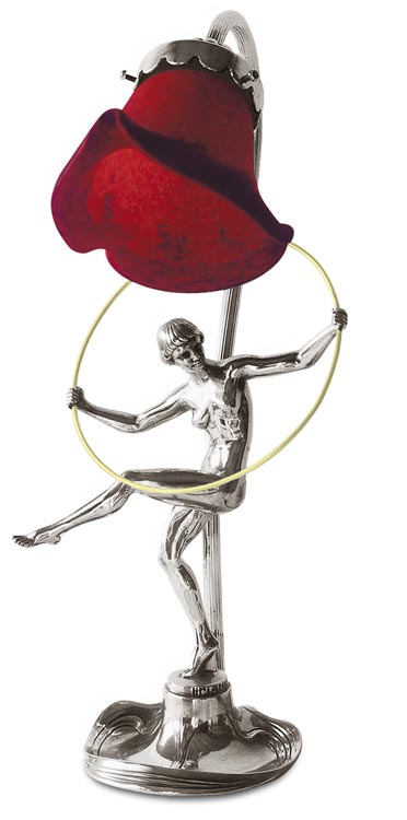 Lampada - ginnasta con cerchio elettrificata, grigio e rosso, Metallo (Peltro) / Britannia Metal e Vetro, cm h 37